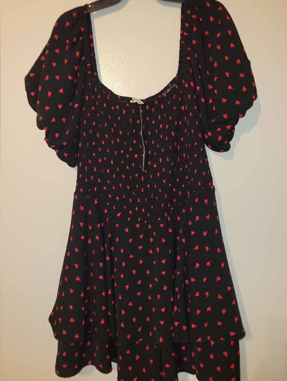 NEW Smocked Waist Black ROMPER with Red Hearts Print Puff Sleeves Layered Skirt